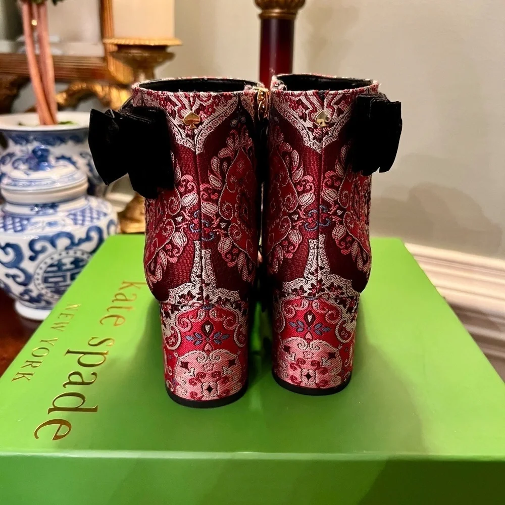EEUC Kate Spade NY Holly Red Black Gray Brocade Booties Boots with Bow Size 6.5